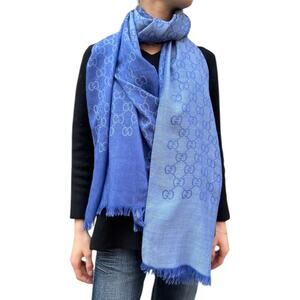 Gucci Wool Silk GG Monogram Light Jacquard Scarf Two Tone Blue